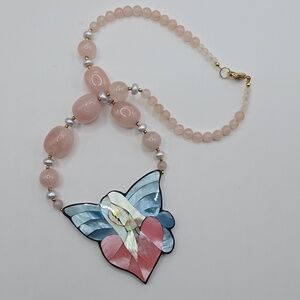 Lee Sands Mosaic Mother of Pearl Angel Butterfly Statement Necklace